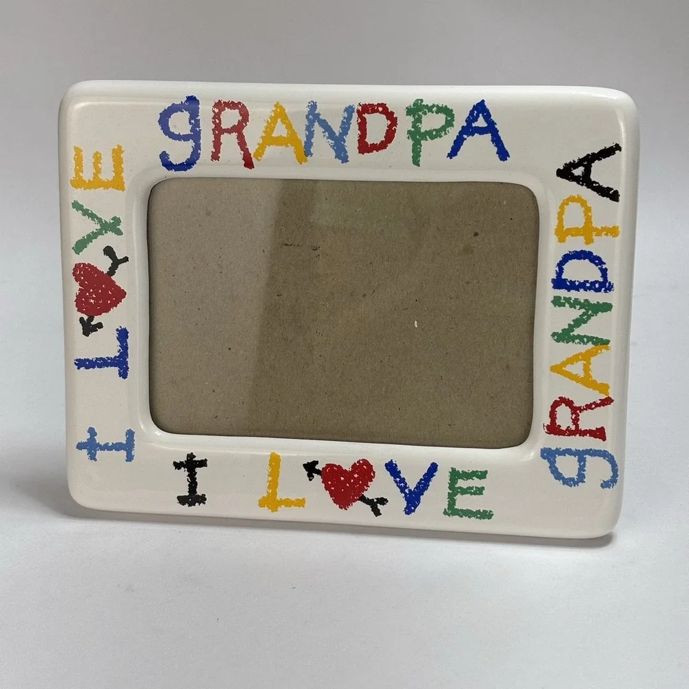 I Love My Grandpa Ceramic Picture Frame Heart Crayon Vintage 3.5